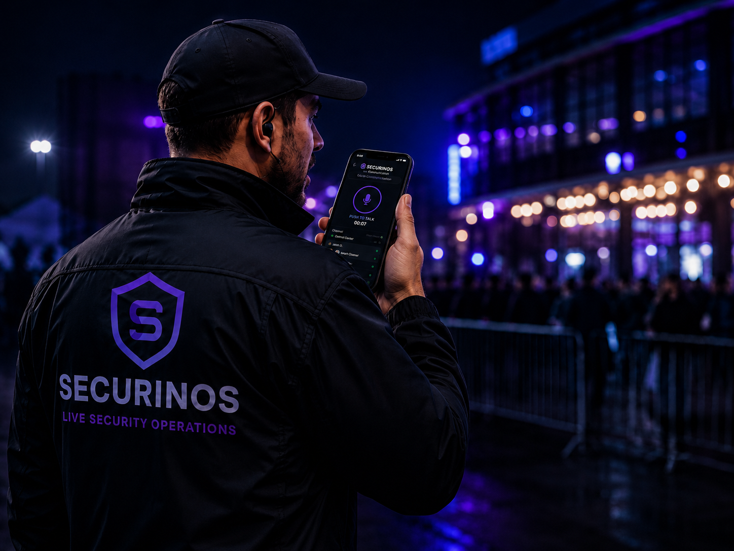 Securinos security guard using the mobile app during live security operations